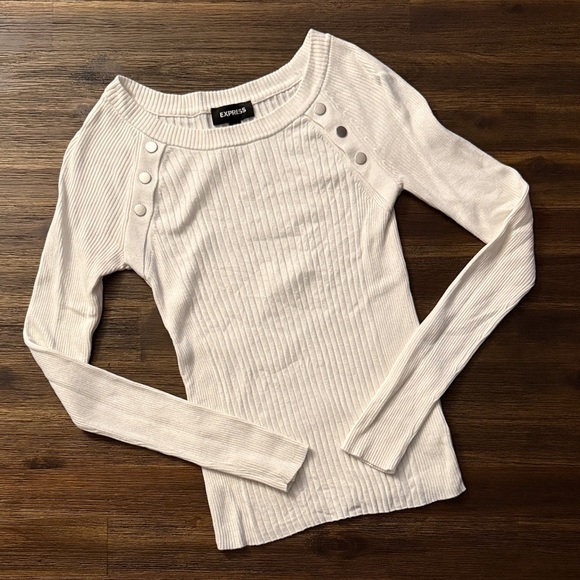 Express Sweaters - Express White Ribbed Long Sleeve Fitted Round Neck Sweater Top Small
